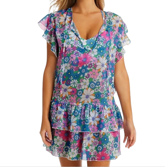 Jessica Simpson Crazy Daisy Tiered Flutter Sleeve Swim Cover Up Muliticolor S - Picture 1 of 14